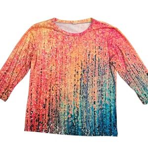 Womens Abstract Rainbow Digital Print Long Sleeve Crew Neck Top Multicolor L
